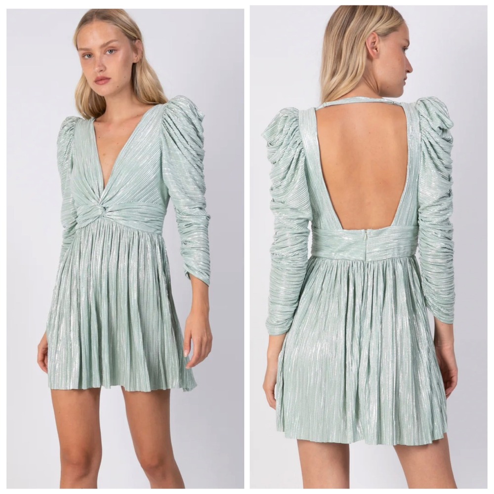 Sabina Musayev Morgana Dress Mint Green Metallic Pleated Foil Open Back Mini L